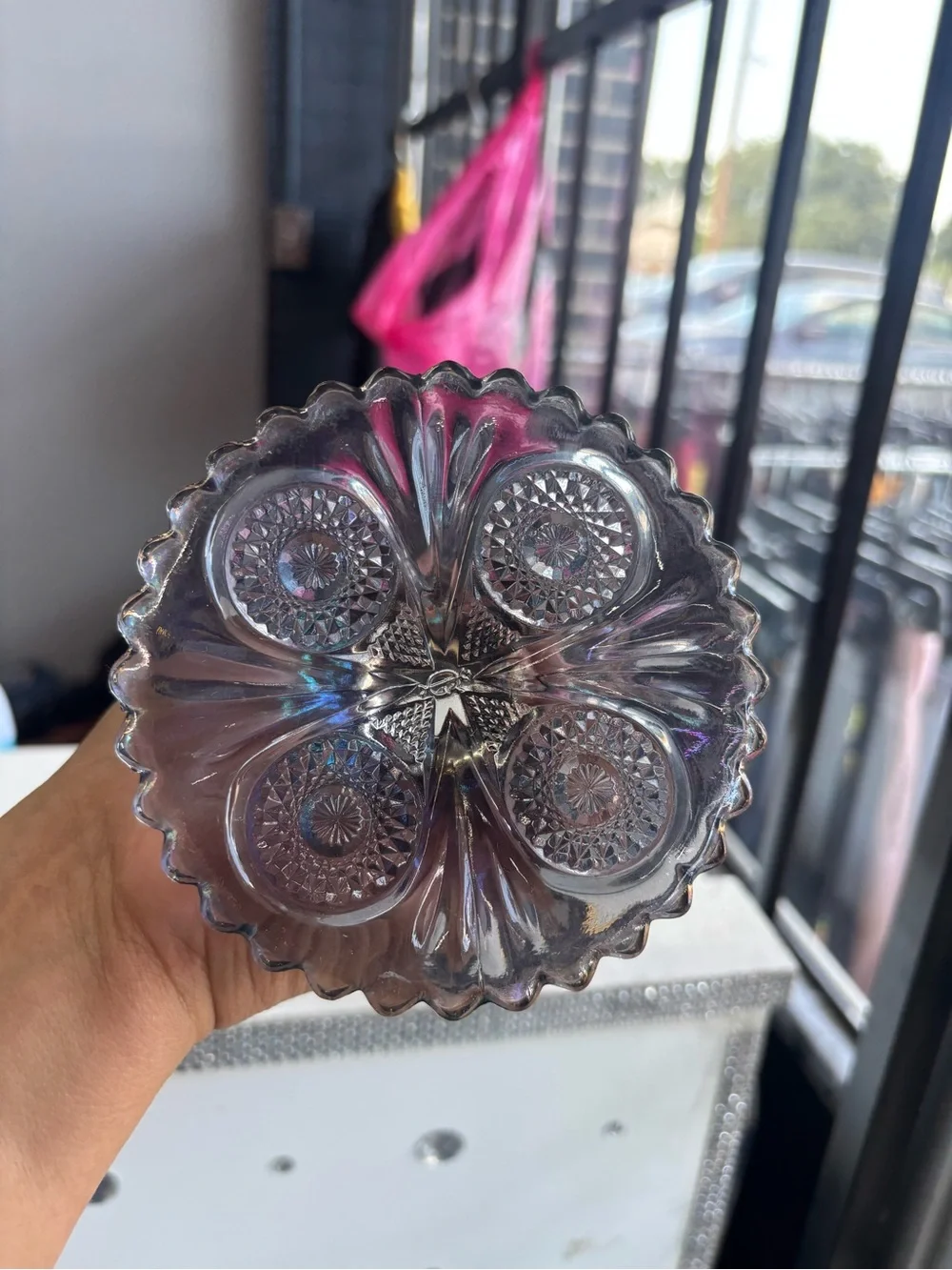 Iridescent Purple Glass Compote Pedestal Vase - Decorative Centerpiece